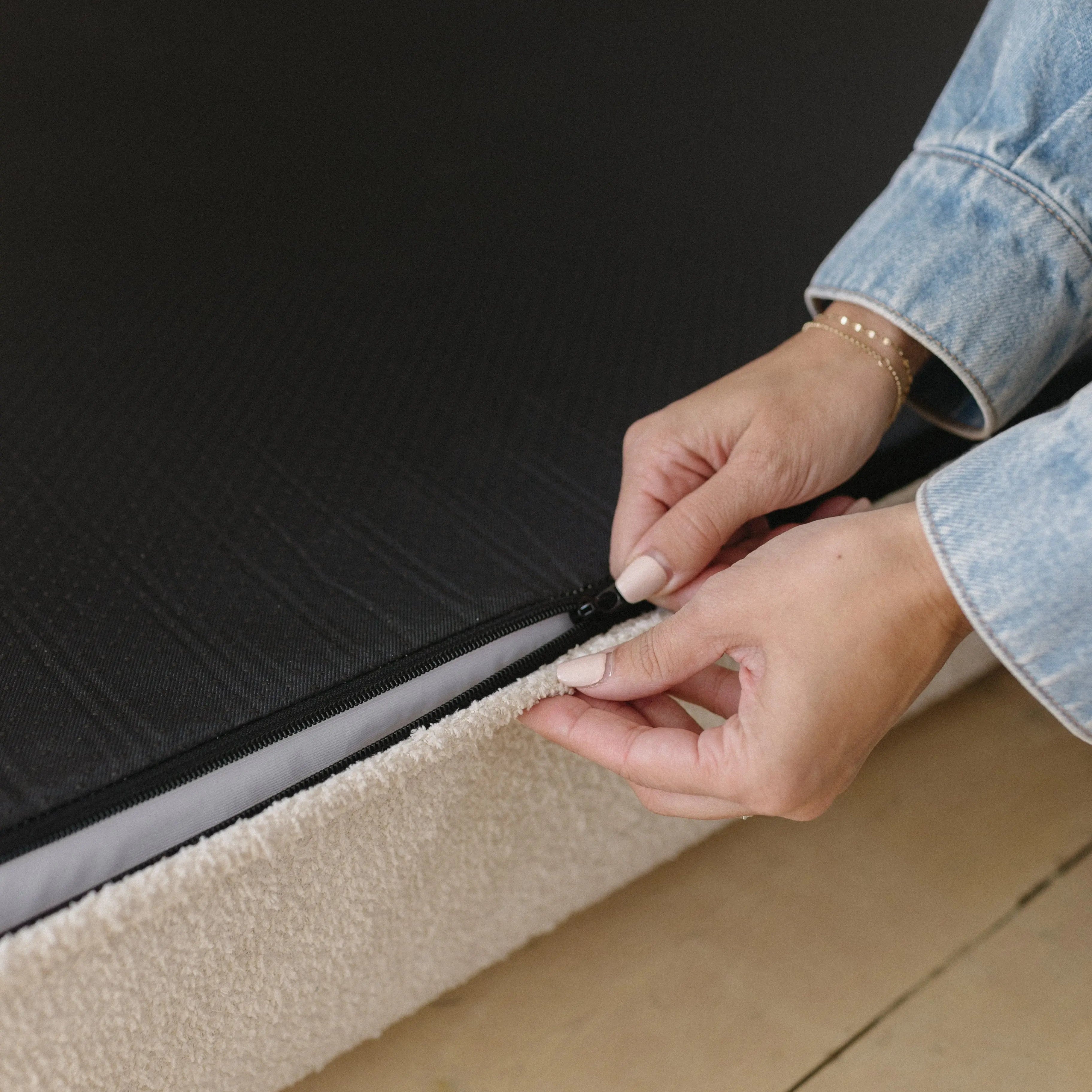 Underside of the dog bed showing the non-slip grip bottom surface