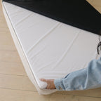 Underside of the dog bed showing the non-slip grip bottom surface and the waterproof lining